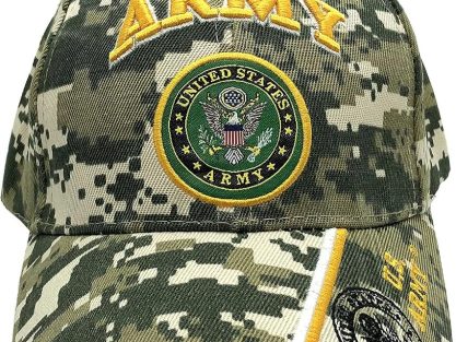 U.S. Army Baseball Caps Hats Military Apparel, Retired Veteran, 3D Embroidered, Adjustable (Army Camo with Emblem) at Amazon Men's Clothing store
