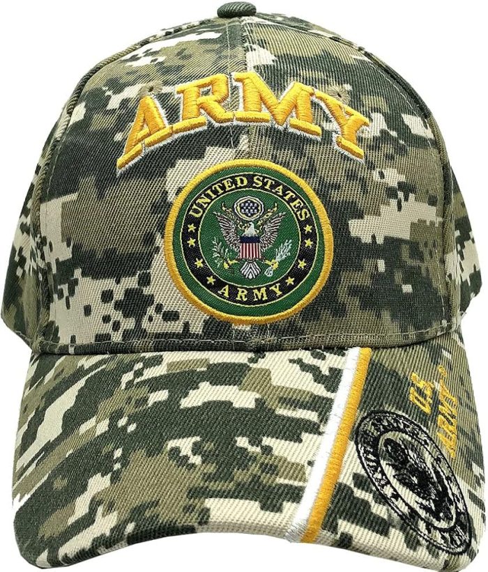 U.S. Army Baseball Caps Hats Military Apparel, Retired Veteran, 3D Embroidered, Adjustable (Army Camo with Emblem) at Amazon Men's Clothing store