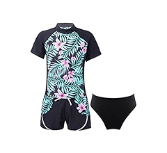 Kids Girls Printed Rash Guard Swimsuits Short Sleeves Beach Swimwear Bathing Suits