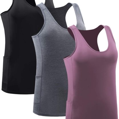 Women 3 Pack Slim Workout Tank Top for Yoga Dry Fit Running Shirts Pockets