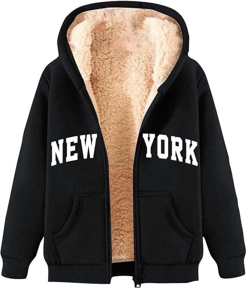 Zip Hoodies for Women New York Graphic Print Oversized Sherpa Lined Jacket Winter Fleece Lining Sweatshirt,