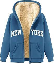 Zip Hoodies for Women New York Graphic Print Oversized Sherpa Lined Jacket Winter Fleece Lining Sweatshirt,